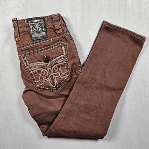 Rock Revival Jeans Mens 32 (Fits 33x32) Brown Zinfandel Slim Straight Embroidery